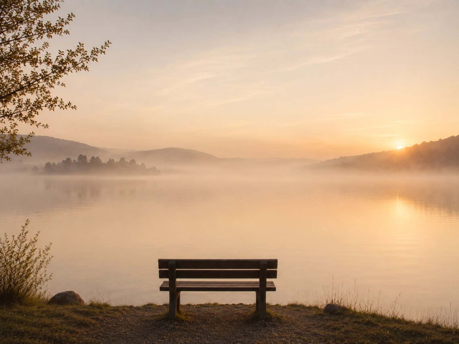 Un banc face à un lac lumineux au lever du jour, symbolisant l’apaisement progressif dans l’accompagnement du deuil par l’hypnose proche Amboise